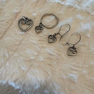 James Avery Retired Heart Shaped Dangle Earrings and Ring and a Pendant set.